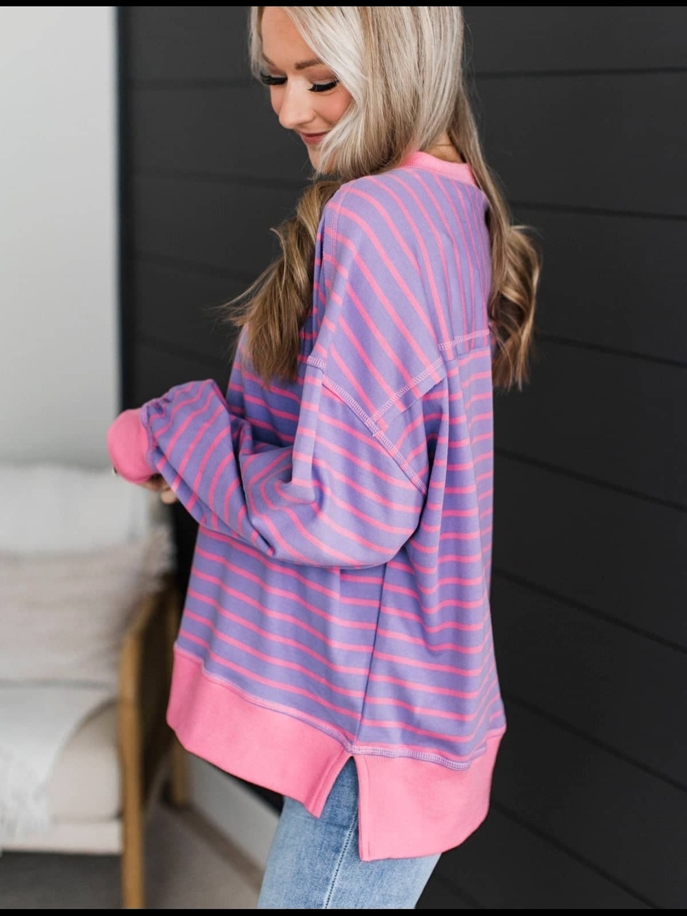 Women's Oversized Striped Top In Lavender And Pink - Picture 5 of 12